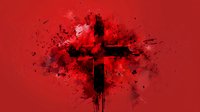 Black grunge cross on red background with dark paint splatter effect, dramatic religious symbol with abstract artistic expression for faith-based designs.