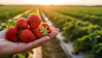 Fresh ripe strawberries in cupped hands at organic farm during golden hour sunset with agricultural fields and farming rows in background.