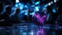 Glowing purple crystal sphere with sparkling particles on dark surface with bokeh lights background for fantasy and magical design projects.