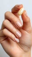 Female hand with manicured nude nails holding white oval pill or supplement against neutral background for healthcare or pharmaceutical concept.