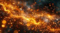 Abstract golden energy wave with glowing particles and bokeh lights creating magical flowing motion against dark background for digital art projects.