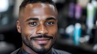 Handsome African American male barber with beard smiling confidently in modern barbershop with professional tools and products in background.