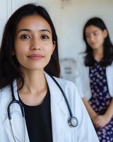 Asian female doctor in white coat with stethoscope smiling confidently at camera while patient waits in background at medical office consultation.