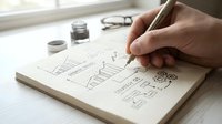 Hand drawing architectural sketches and floor plans in notebook with pen for home design and construction planning projects.