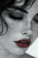 Close-up portrait of young woman with freckles and red lips in black and white photography with selective color highlighting natural beauty and skincare.