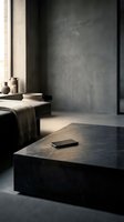 Minimalist interior with dark marble coffee table, smartphone, neutral textiles, and concrete wall backdrop for modern home design projects.