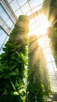 Vertical hydroponic lettuce growing in modern greenhouse with bright sunlight streaming through glass panels creating sustainable agriculture environment.