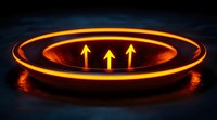 Glowing orange neon circle with upward arrows on dark background creates futuristic portal effect with dramatic lighting and reflective surface.