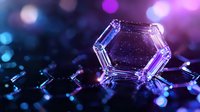 Macro photograph of snowflake crystal formation with purple and blue bokeh lights creating magical winter atmosphere. Natural ice structure shows intricate hexagonal pattern.