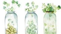 Watercolor illustration of three glass jars with green clover plants growing from coins, symbolizing financial growth and prosperity.