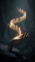 Hand holding glowing spiral staircase with silhouetted figures ascending, golden light particles floating upward in dark cave setting, symbolizing success and spiritual growth.