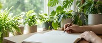 Person with medium skin tone writing or sketching at wooden desk surrounded by potted green plants near bright window, suitable for creative workspace, home office, gardening blog, and lifestyle content.
