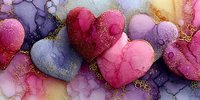 Watercolor hearts in pink purple and gold with glitter texture on abstract background for Valentine's Day romantic design projects and love themes.