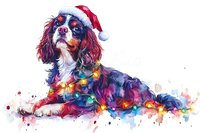 Cavalier King Charles Spaniel wearing Santa hat and colorful Christmas lights, watercolor style artwork with splatter effects and vibrant rainbow colors.