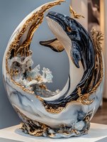 Majestic humpback whale sculpture with gold accents and crystal elements emerging from waves, crafted in elegant marine-inspired design for luxury home decor.