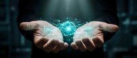 Two hands holding glowing turquoise digital sphere with light particles, representing technology innovation, data transfer, and digital transformation in business and communication.
