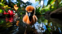 Young orange-feathered duckling swimming in dark reflective water surrounded by lush tropical foliage and red flowers, close-up portrait with selective focus.