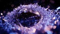 Magical purple wreath with sparkling bokeh lights and frost crystals on dark background creates dreamy winter atmosphere for seasonal designs and holiday cards.