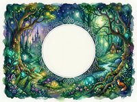 Enchanted forest frame with mystical trees, glowing lights and magical atmosphere. Ornate circular border surrounded by lush woodland scenery and fairy tale elements.
