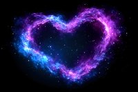 Glowing heart shape formed by cosmic nebula with vibrant blue and purple colors against starry black space background, creating romantic celestial artwork.