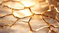 Cracked golden surface with glowing light seeping through fractures, creating an abstract pattern of illuminated segments against warm metallic background.