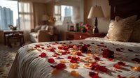 Romantic hotel bedroom with scattered red and orange rose petals on white bedding, creating an intimate atmosphere for honeymoon or anniversary celebration.