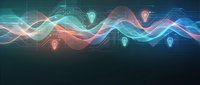 Digital energy waves with glowing light bulb icons flowing across dark technological background for innovation and creativity concepts.