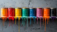 Vibrant paint cans arranged in row on concrete wall with colorful drips flowing down, creating artistic composition of orange, red, yellow, green, blue, pink and purple hues.