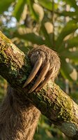 Brown pelican resting on moss-covered tree branch in natural habitat with green foliage background during golden hour lighting for wildlife photography.
