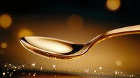 Shiny metal spoon with golden liquid droplets floating against dark background with bokeh lights creating magical culinary atmosphere.