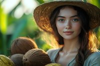 Young Asian woman in straw hat smiling at camera while holding fresh coconuts in tropical garden setting, natural sunlight creating warm backlit glow through foliage.
