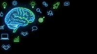 Digital brain with glowing business icons on dark background representing artificial intelligence, innovation and technology solutions for modern enterprises.