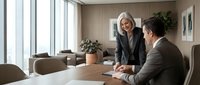Two professionals in business attire conduct a meeting in a modern office. A mature woman with gray hair wearing a dark blazer stands while a man in brown jacket sits at a wooden table, reviewing documents together near large windows.