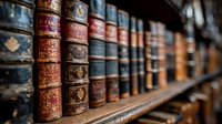 Antique leather-bound books with ornate gold embossing arranged on wooden library shelf. Classic literature collection for academic research and education.