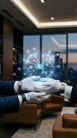 Business hands holding glowing digital network hologram in modern office space representing connectivity and technological innovation in corporate environment.
