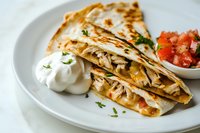 Grilled chicken quesadilla with melted cheese, served with fresh sour cream and diced tomato salsa on white plate, garnished with chopped herbs.
