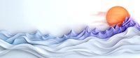Minimalist abstract landscape with layered wavy lines in soft blue and purple gradients against white background, featuring orange sun setting over horizon.