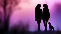Silhouettes of two women and small dog against dreamy purple and pink sunset sky, creating romantic atmospheric scene.