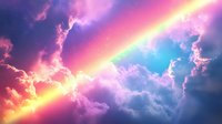 Vibrant rainbow streak cutting through dramatic pink and blue clouds at sunset creates magical atmospheric scene with glowing light effects and dreamy sky colors.