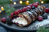 Chocolate crepe roll filled with whipped cream, garnished with fresh raspberries and blackberries, dusted with powdered sugar against festive holiday lights.