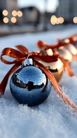 Shimmering blue and gold Christmas ornaments with copper ribbons nestled in fresh snow, with soft bokeh lights creating magical holiday atmosphere.