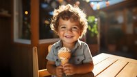 Cheerful mixed-race toddler boy with curly hair enjoying ice cream cone at wooden table outdoors, backlit by warm summer evening sunlight, genuine happiness expression.