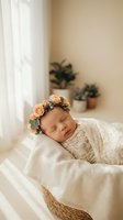 Peaceful newborn baby girl sleeping in wicker basket wearing delicate lace outfit and floral crown in cozy nursery with soft natural lighting.