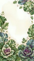 Ornamental cabbage and kale plants with purple and green foliage arranged as a decorative border frame on cream background, isolated for design use on invitations, cards, and botanical projects.
