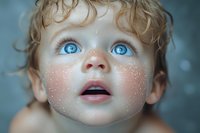 Close up portrait of young child with bright blue eyes, blonde curly hair and glowing freckles looking up in wonder against blurred teal background.