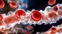 Red blood cells flowing through arteries with white plasma and platelets in microscopic view, medical science visualization showing circulatory system function.