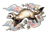 Ferret surrounded by pastel clouds and blooming flowers in whimsical decorative frame, isolated on transparent background for design projects.