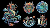 Colorful Asian dragon illustrations with vibrant scales and ornamental details, isolated on transparent background. Ready for t-shirt design, clipart, stickers, sublimation, and print-on-demand products.