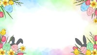 Easter spring frame with colorful eggs, tulips, daffodils and bunny ears on pastel watercolor background for greeting cards and seasonal designs.