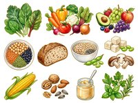 Healthy food groups including fresh vegetables, fruits, whole grains, legumes, nuts, dairy and herbs isolated on white background for nutrition, diet and wellness design projects.